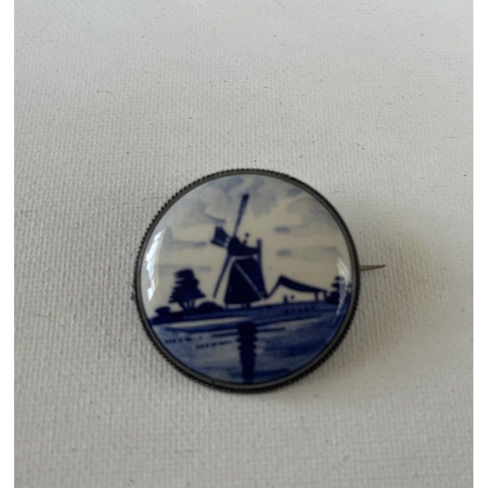 Delft Dutch Holland Windmill Porcelain Brooch Pin Silver Rim Signed Vtg 1.25”